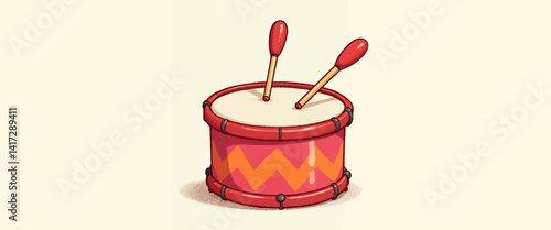 Cartoon Red Drum with Zigzags and Drumsticks