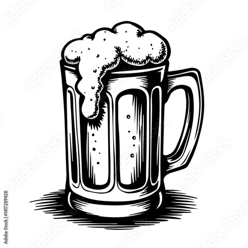 Hand-drawn beer mug overflowing with foam against a white background  