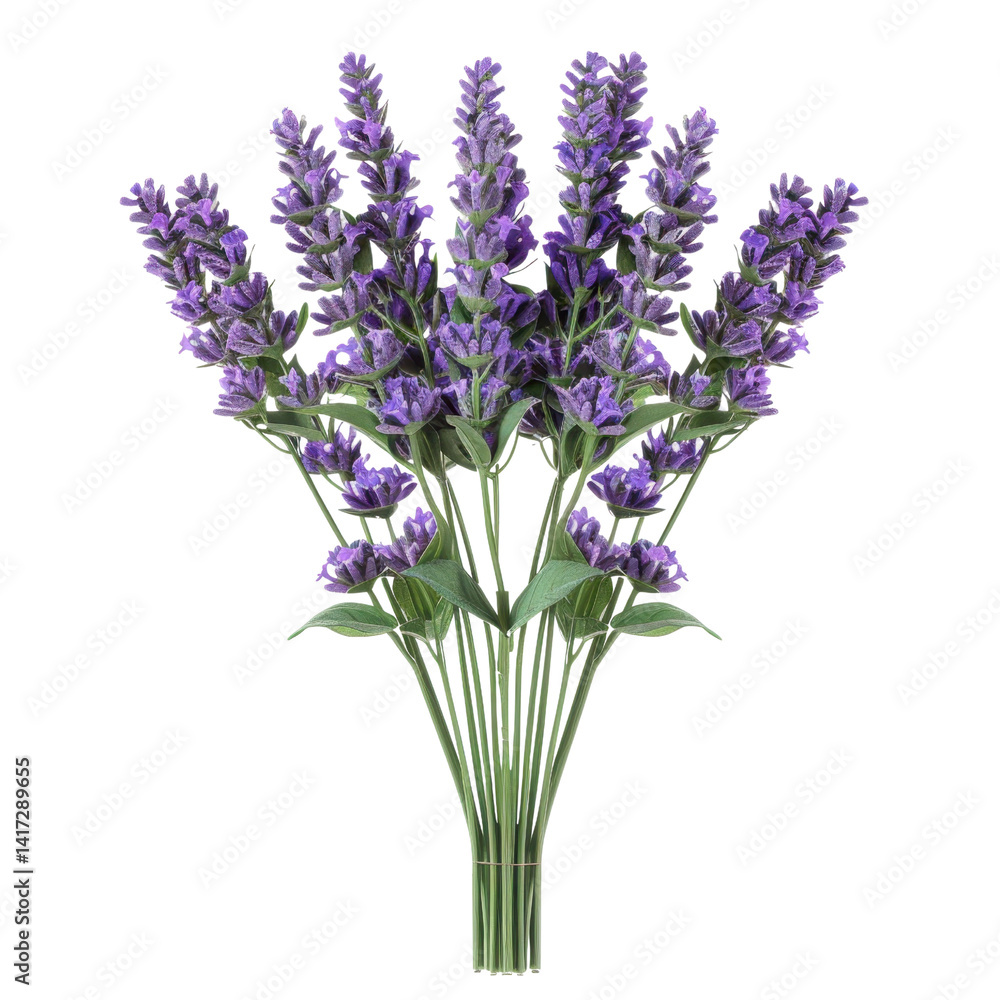 Obraz premium beautiful bouquet of lavender flowers, showcasing vibrant purple blooms and lush green leaves, perfect for adding touch of elegance and tranquility to any space