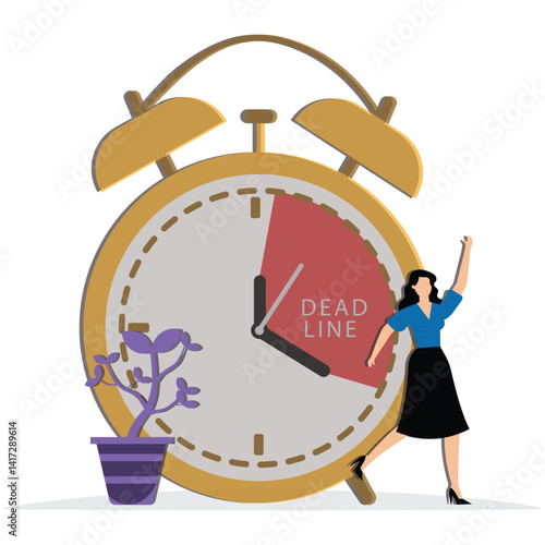 Frustrated businesswoman run in hurry from clock time symbolizing work late and deadline pressure