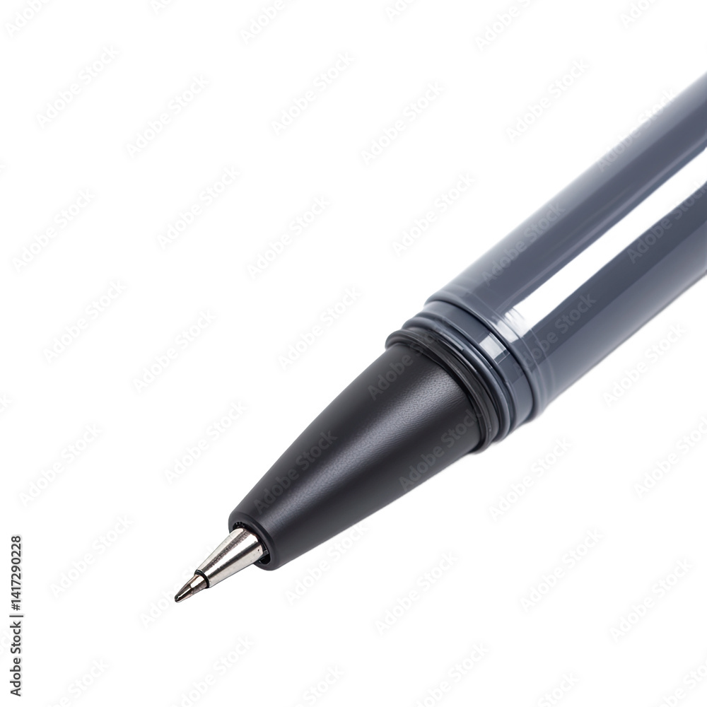 A high-angle view of a gray ballpoint pen's tip and barrel, highlighting its design elements. A high-angle view of a gray ballpoint pen's tip and barrel, highlighting its design elements.