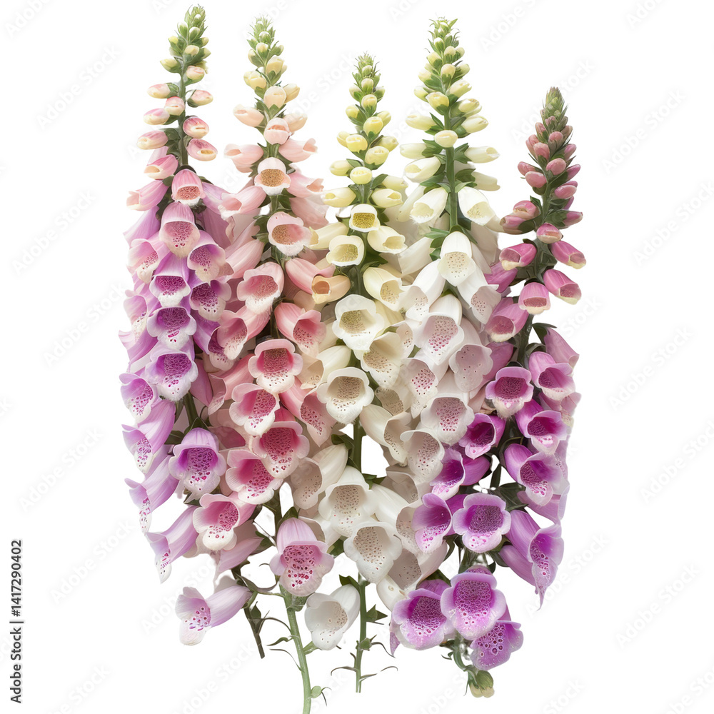 Beautiful foxglove flowers in various shades of pink, purple, and white create stunning visual display. Their delicate petals and unique shape evoke sense of elegance and natural beauty