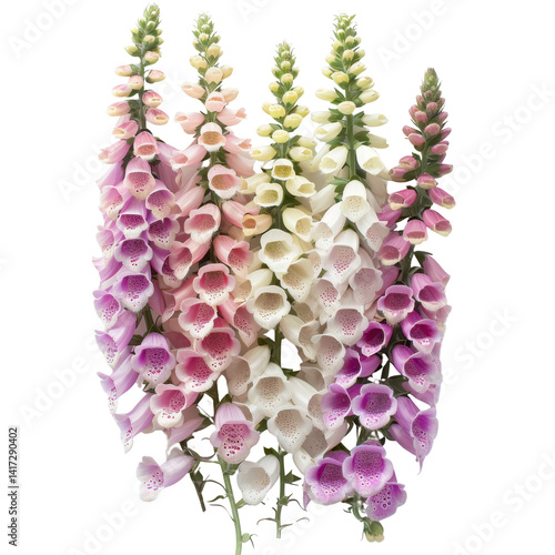 Beautiful foxglove flowers in various shades of pink, purple, and white create stunning visual display. Their delicate petals and unique shape evoke sense of elegance and natural beauty