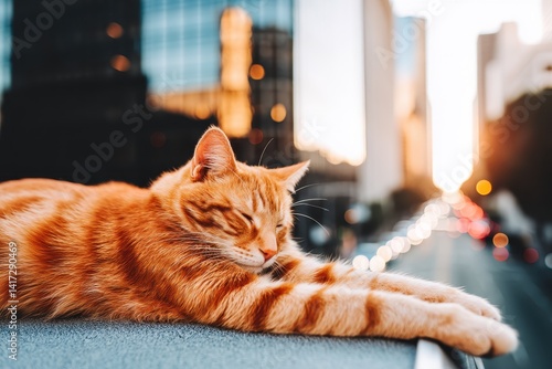 Cat Relaxing on Roof of Car Under Sunlight with Cityscape Background at Sunset