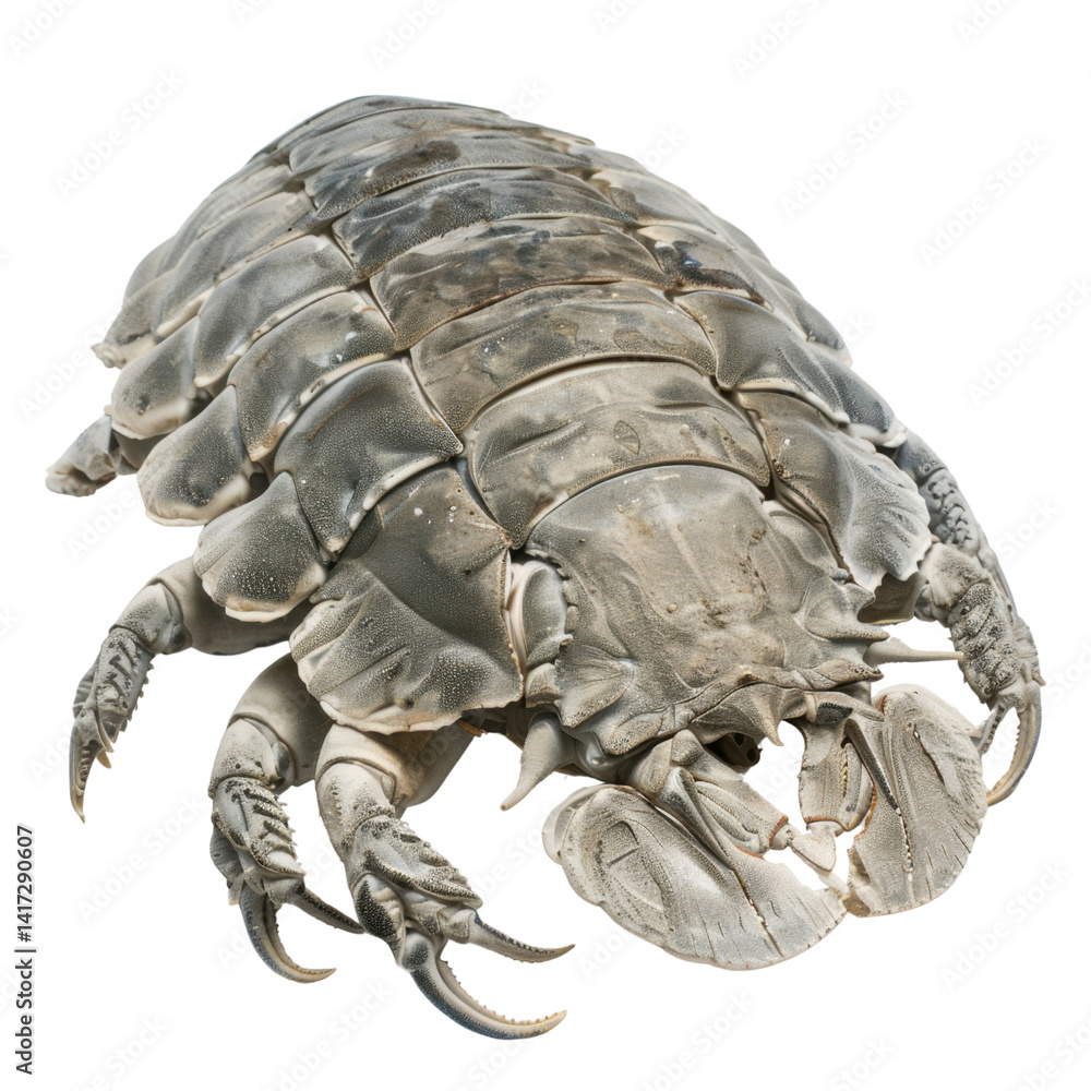 detailed close up of marine isopod, showcasing its unique segmented body and prominent claws. This fascinating creature is often found ocean environments, displaying grayish color and intricate