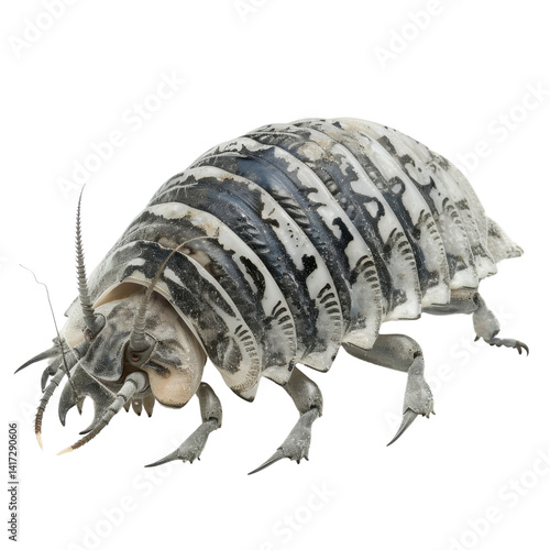 Obraz na płótnie detailed close up of unique insect resembling pill bug, showcasing its segmented body and intricate patterns. creature appears to be in natural pose, evoking curiosity and fascination w salonie