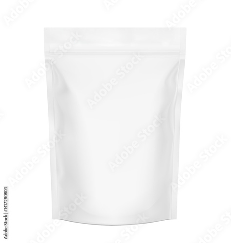 Realistic stand up pouch bag mockup with transparent shadow. Front view. Vector illustration isolated on white background. Ready for your design. EPS10.