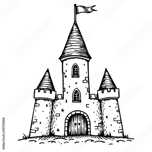 Illustrative medieval castle with towers and flag on a grassy base  