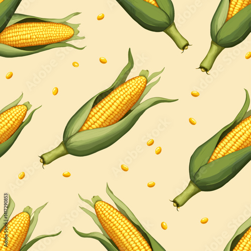 Corn on the cob seamless pattern, yellow kernels, green husks