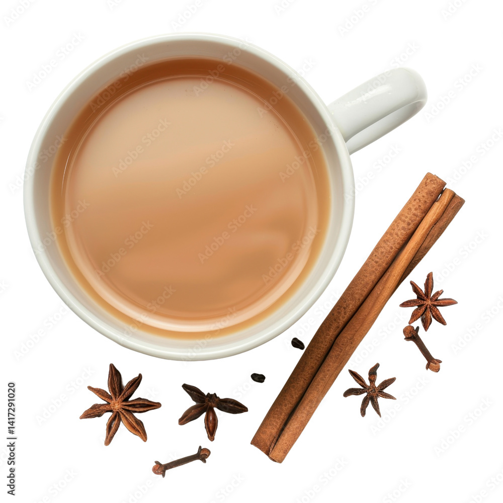 warm cup of spiced tea with cinnamon sticks and star anise, creating cozy and inviting atmosphere. rich colors and aromatic spices evoke sense of comfort and relaxation