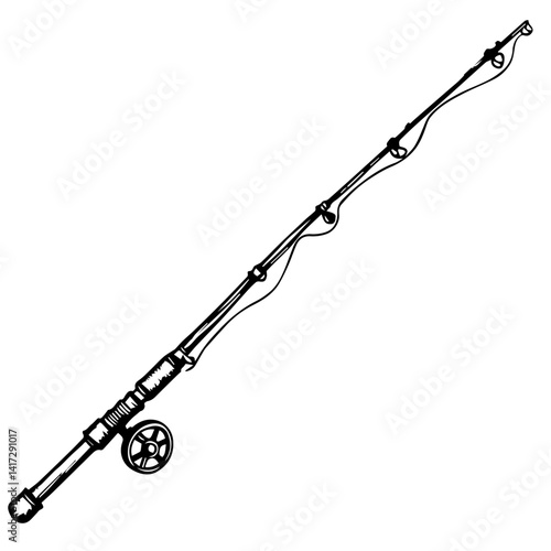 Fishing rod illustration in black and white style for angling  