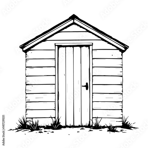 Simple wooden shed illustration in black and white  