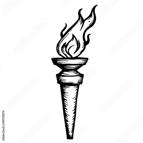 Vintage torch illustration with flames in black and white style  