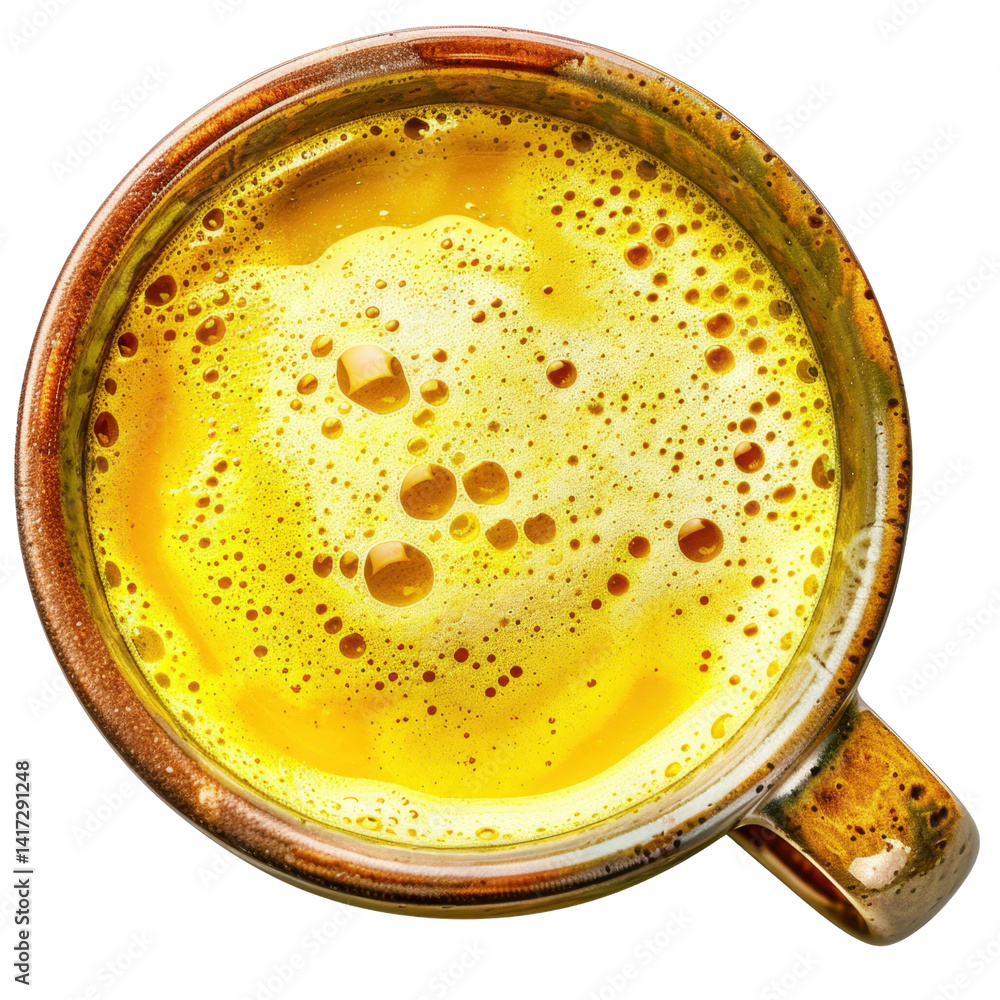 vibrant cup of golden turmeric latte with frothy bubbles on top, showcasing its rich color and creamy texture, evokes warmth and comfort