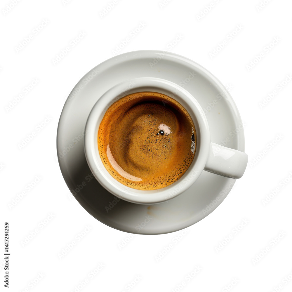 top view of white coffee cup filled with rich, dark espresso, showcasing its creamy texture and inviting aroma. This evokes warmth and comfort, perfect for coffee lovers