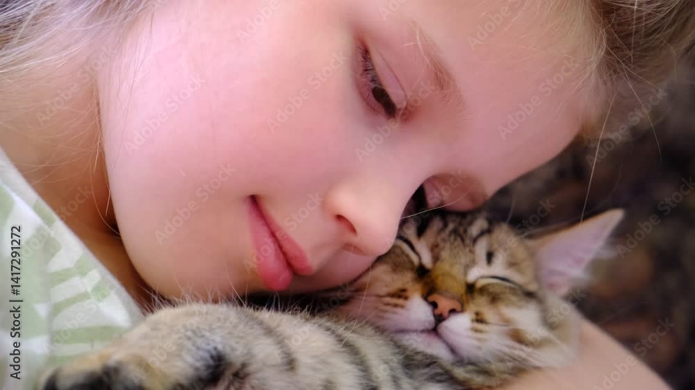 Portrait of cute girl with funny kitten, face to face, kissing, close up. Talking with friend. Domestic cat and child. Love, care, joy Portrait of cute girl with funny kitten, face to face, kissing, close up. Talking with friend. Domestic cat and child. Love, care, joy