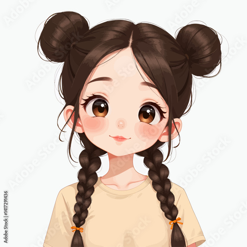 Cute cartoon girl with brown hair in space buns and braids