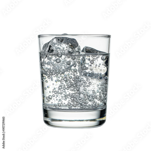 Fresh sparkling water with ice cubes in clear glass, creating refreshing and inviting look. bubbles add lively touch, perfect for hydration and enjoyment