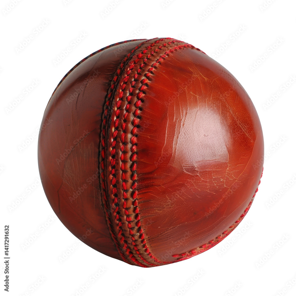 shiny red cricket ball with intricate stitching and smooth surface, symbolizing spirit of game. Its vibrant color and craftsmanship make it perfect representation of sportsmanship