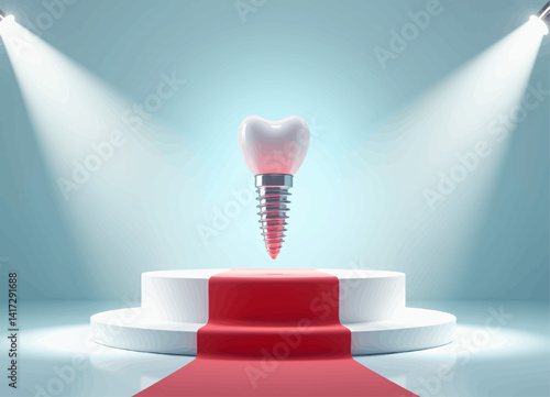 Dental implant on a red carpet under spotlights