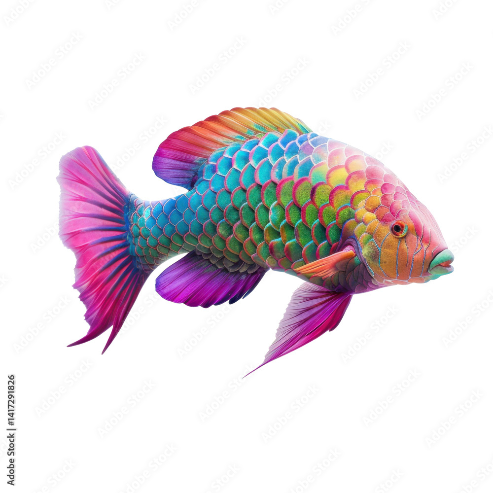 vibrant and colorful fish with scales in shades of green, blue, pink, and purple, swimming gracefully. Its fins are large and flowing, adding to its striking appearance