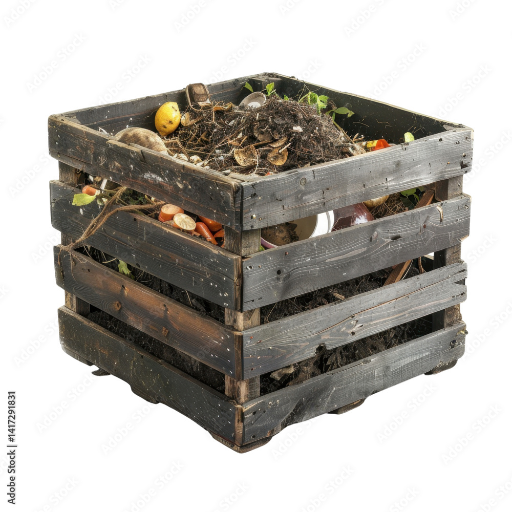 wooden compost bin filled with organic waste, including food scraps and garden debris, showcasing sustainable approach to waste management and gardening