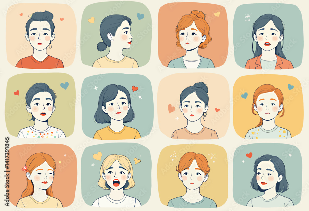 Diverse women portraits with pastel backgrounds and heart accents Diverse women portraits with pastel backgrounds and heart accents