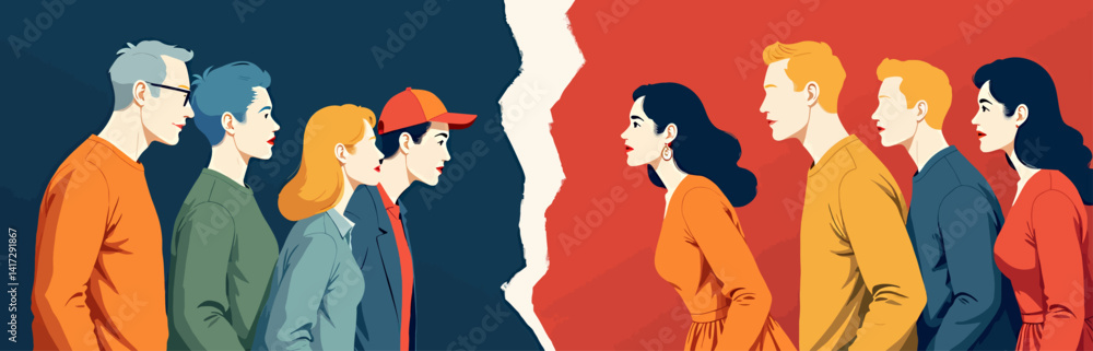Divided groups facing each other over a torn white divide Divided groups facing each other over a torn white divide
