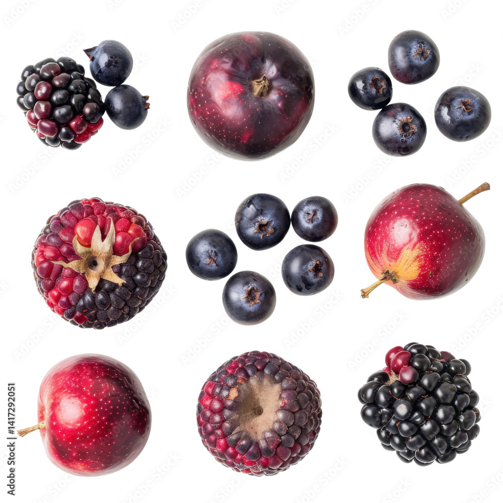 Fresh fruits including blackberries, blueberries, and red apples arranged in visually appealing pattern. vibrant colors and textures create delightful and healthy composition