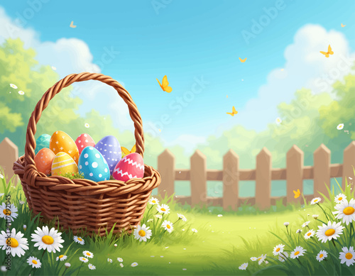 Easter eggs in basket with daisies and butterflies
