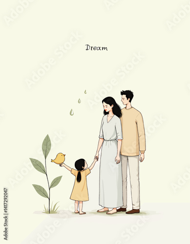 Dreamy family illustration with child, bird, and plant