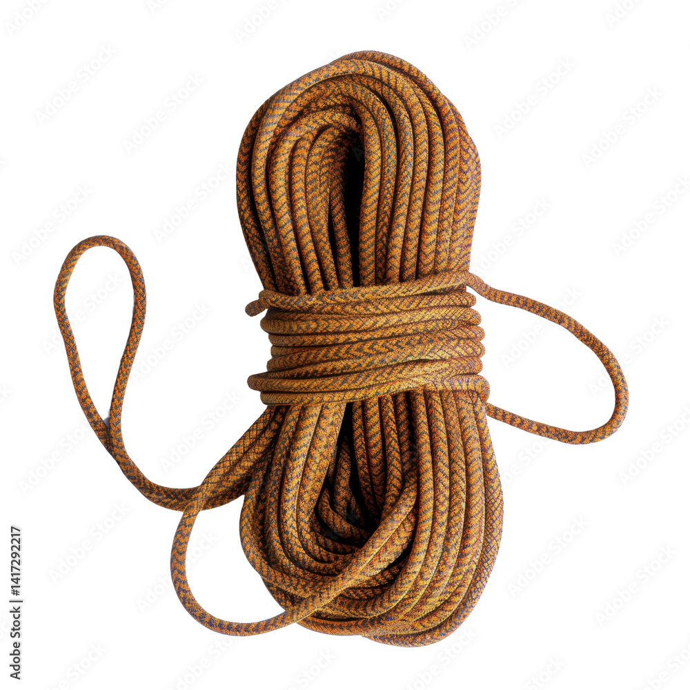 tightly coiled orange rope with textured surface, ideal for various outdoor activities and tasks. Its durable material ensures reliability and strength for securing items or climbing