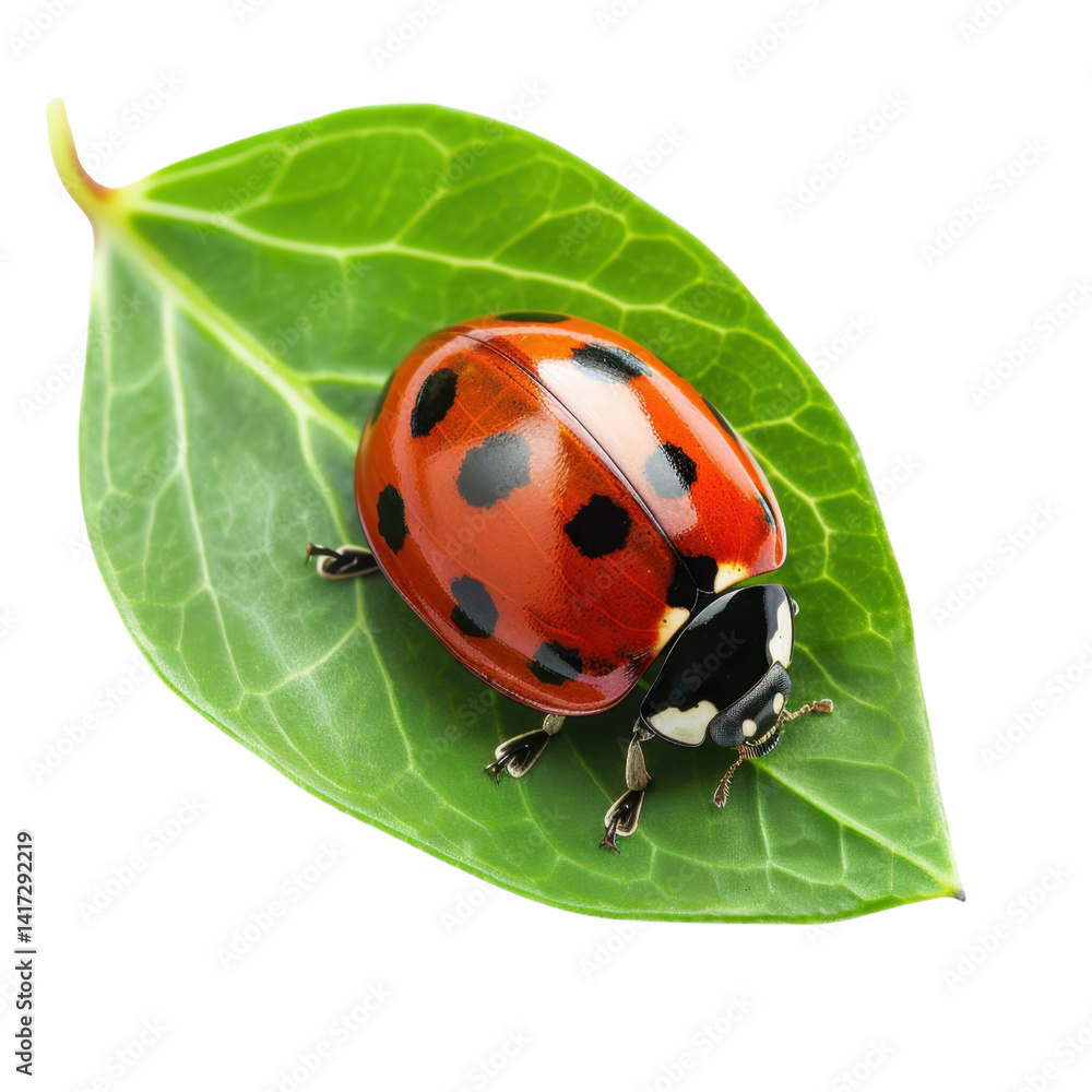 vibrant ladybug rests on green leaf, showcasing its bright red shell adorned with black spots. This charming insect symbolizes good luck and nature beauty