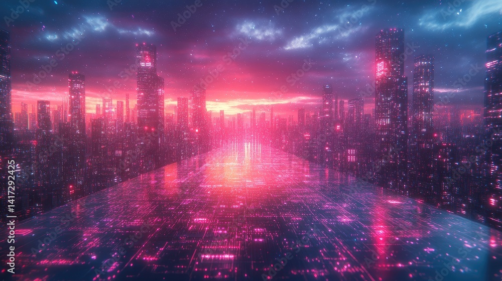 Fototapeta premium Abstract cyberpunk neon circuit board glowing in blue and purple, symbolizing futuristic technology and digital innovation.