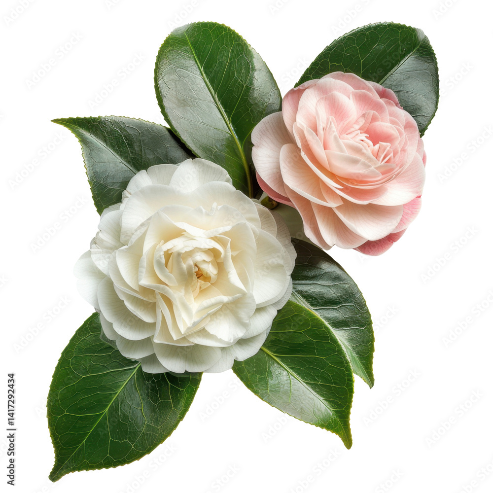 Beautiful camellia flowers white and pink, surrounded by lush green leaves, create serene and elegant composition. delicate petals and vibrant colors evoke sense of tranquility and natural beauty
