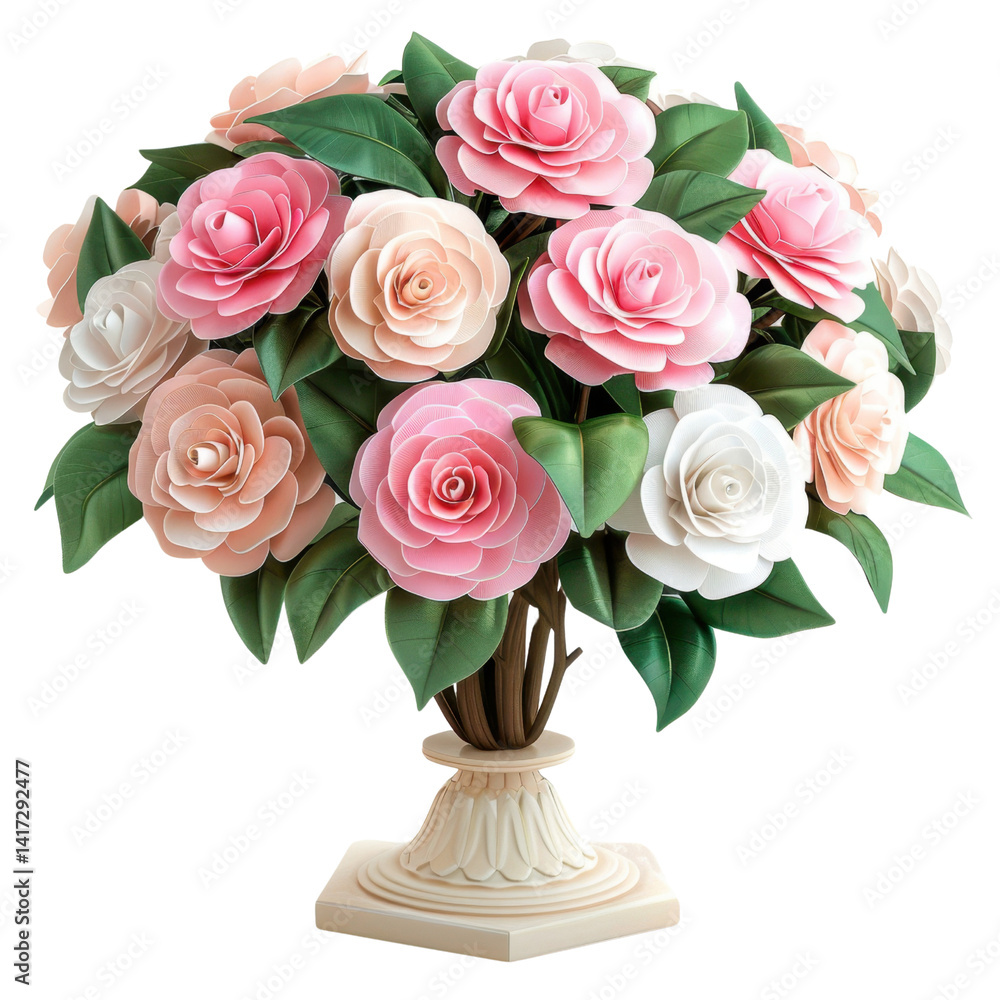 beautiful arrangement of paper flowers in shades of pink and white, showcasing intricate details and lush green leaves, creating vibrant and elegant centerpiece