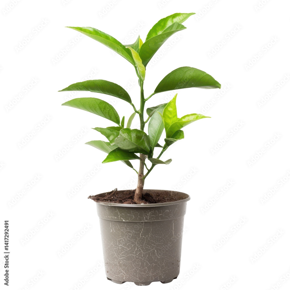 small green plant in gray plastic pot, showcasing vibrant leaves and healthy growth. This indoor plant adds touch of nature to any space, enhancing atmosphere with its fresh appearance