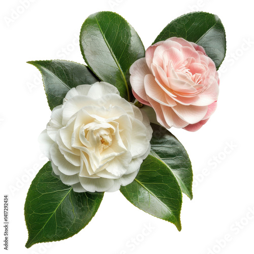 Obraz na płótnie Beautiful camellia flowers white and pink, surrounded by lush green leaves, create serene and elegant composition. delicate petals and vibrant colors evoke sense of tranquility and natural beauty w salonie