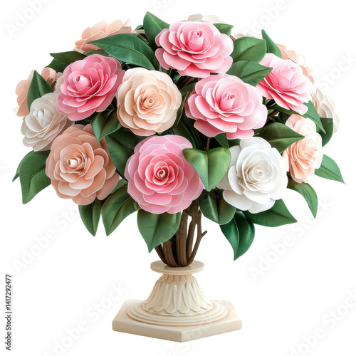 Obraz na płótnie beautiful arrangement of paper flowers in shades of pink and white, showcasing intricate details and lush green leaves, creating vibrant and elegant centerpiece w salonie