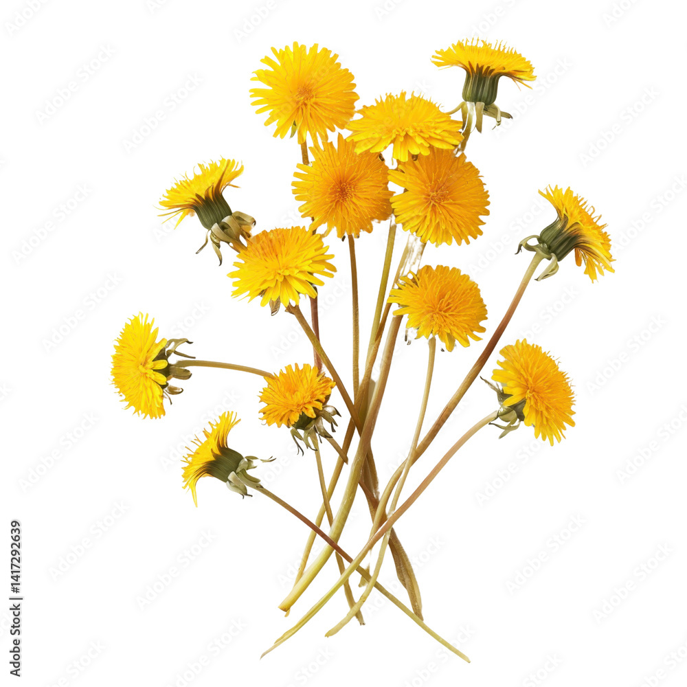 Bright yellow dandelion flowers arranged in bouquet, showcasing their vibrant petals and slender stems, evoke sense of cheerfulness and natural beauty