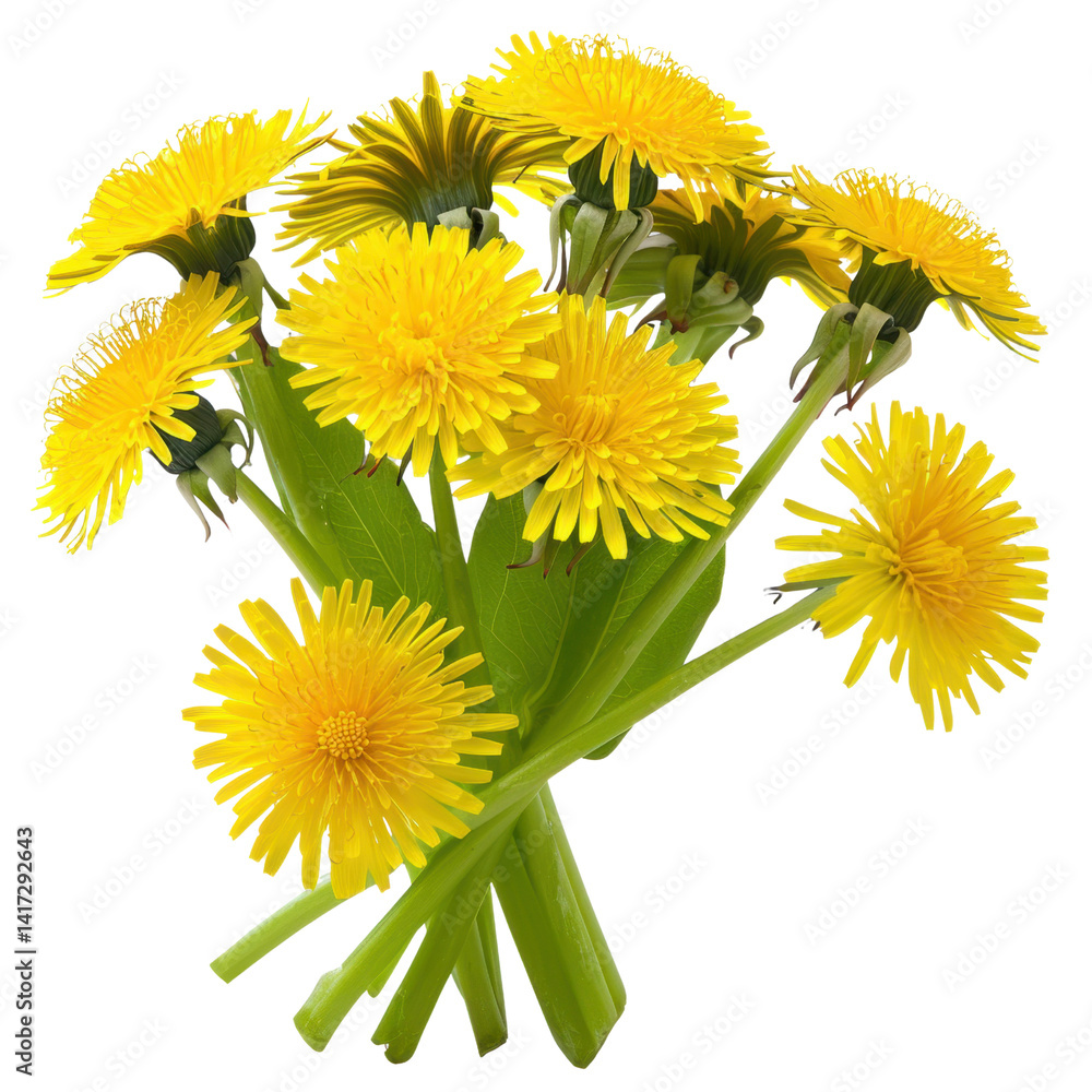 Bright yellow dandelion flowers arranged in bouquet, showcasing their vibrant petals and green leaves. This cheerful display brings sense of joy and nature beauty to any setting