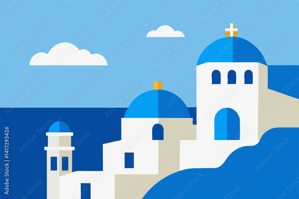hand-drawn-view-of-santorini-and-aegean-sea hand-drawn-view-of-santorini-and-aegean-sea