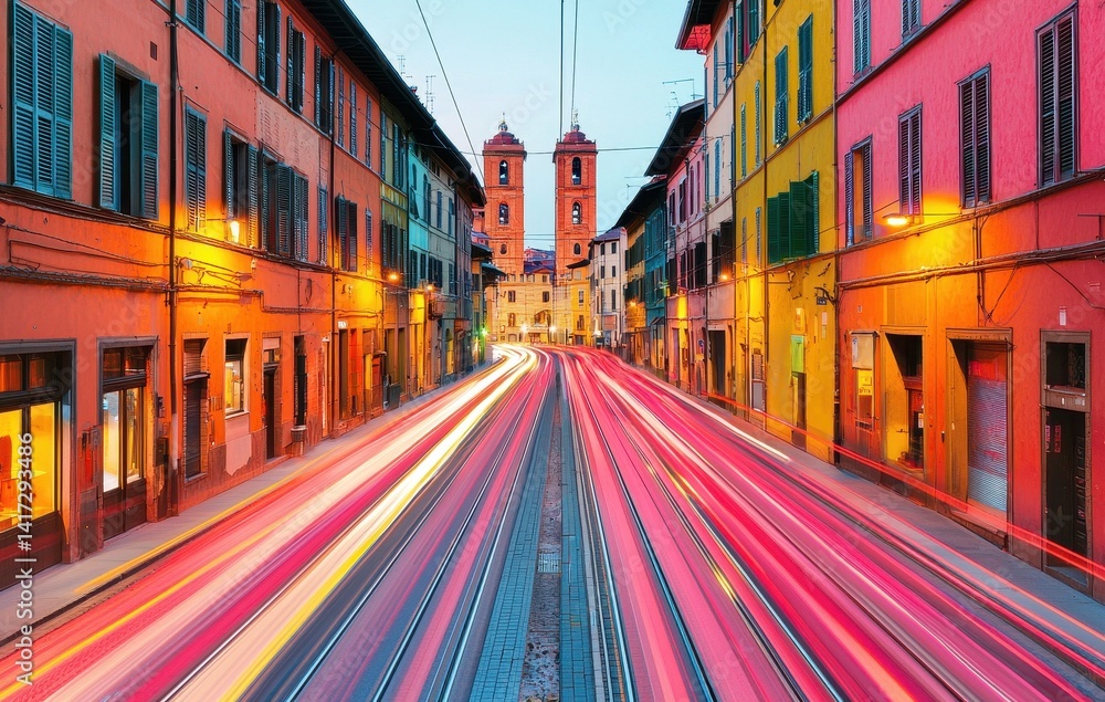 Fototapeta premium Vibrant Night Lights on Historical Street with Beautiful Architecture