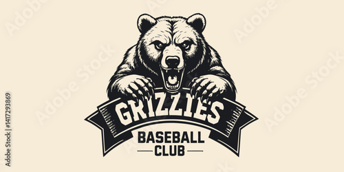 Grizzlies Baseball Club Logo with Roaring Bear Mascot