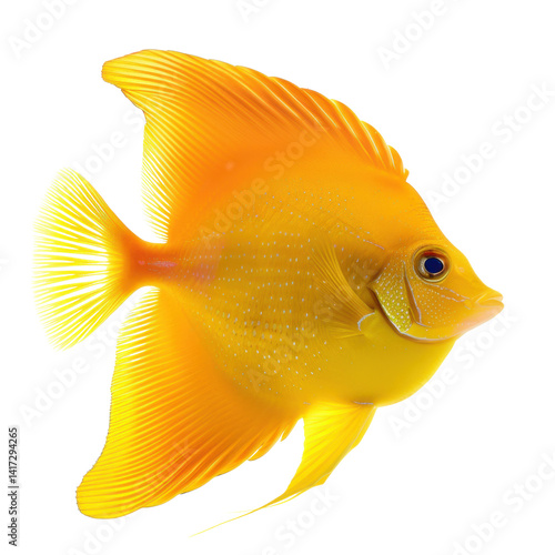 Bright yellow fish with vibrant fins swimming gracefully in water, showcasing its unique shape and color. This stunning marine creature captivates with its beauty and elegance