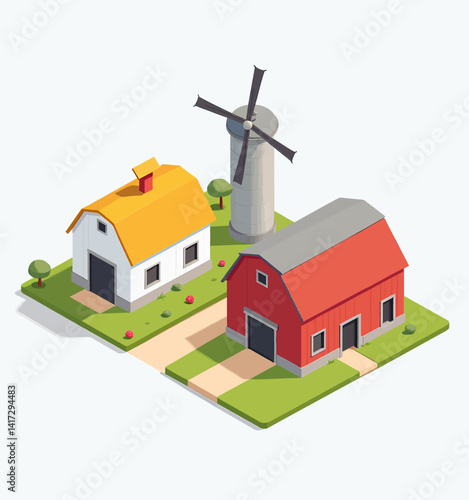 Isometric Farm Scene with Barns and Windmill