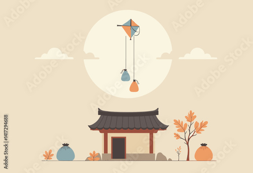 Korean House with Kite and Fortune Bags Illustration