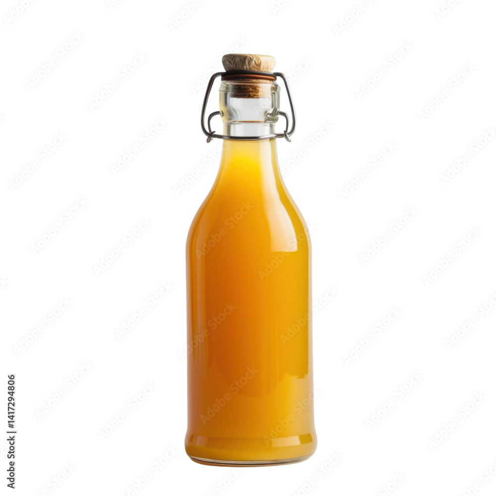 Fresh orange juice in glass bottle with cork stopper, showcasing vibrant orange color. bottle design adds rustic charm, perfect for healthy beverage display