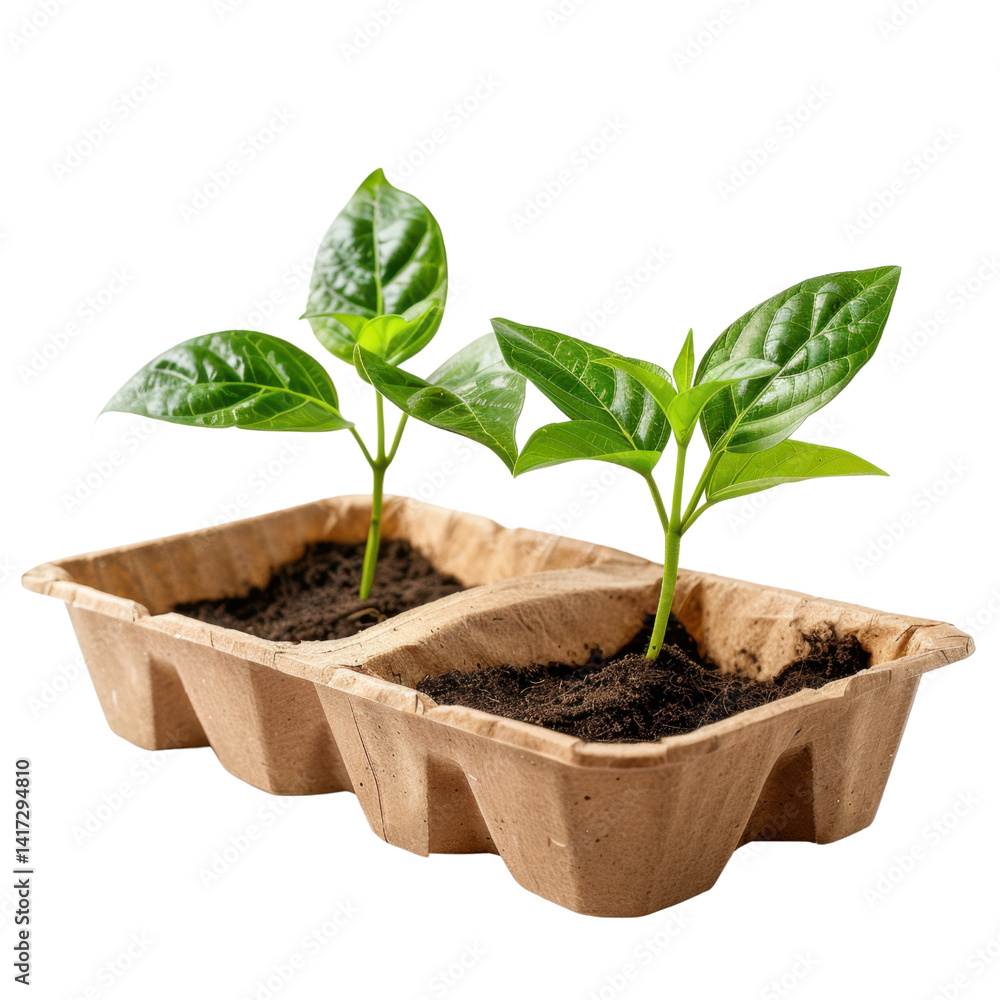 Growing plants in biodegradable pots, showcasing young seedlings with vibrant green leaves, symbolizes sustainability and nature beauty