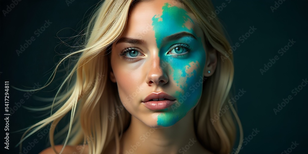 Obraz premium Artistic portrait of blonde woman with half face painted in turquoise resembling world map 